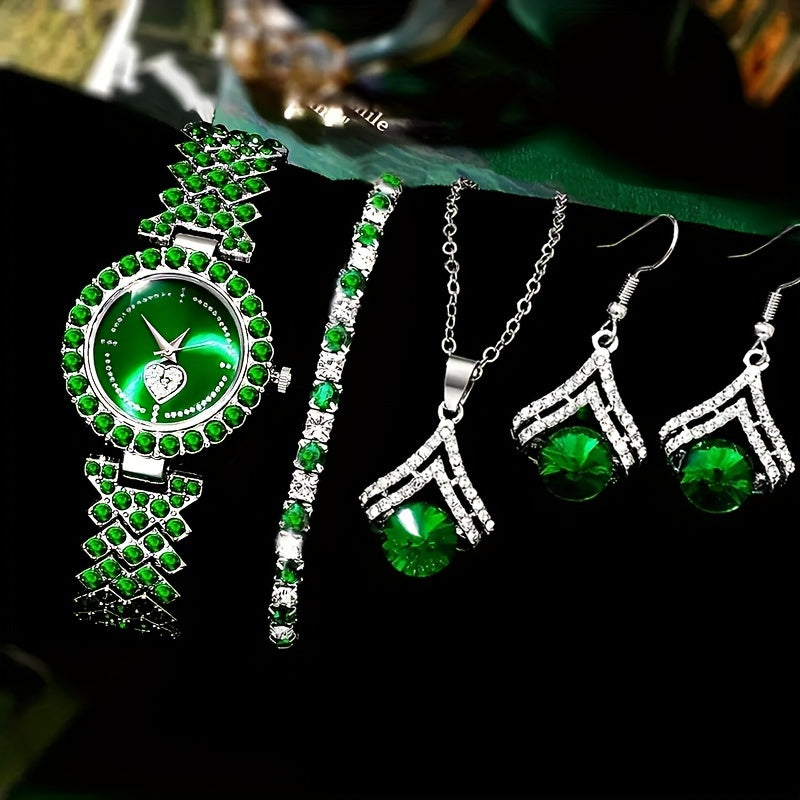 Set of 5 Women's Rhinestone Quartz Watches with Heart Design and Synthetic Gem Jewelry