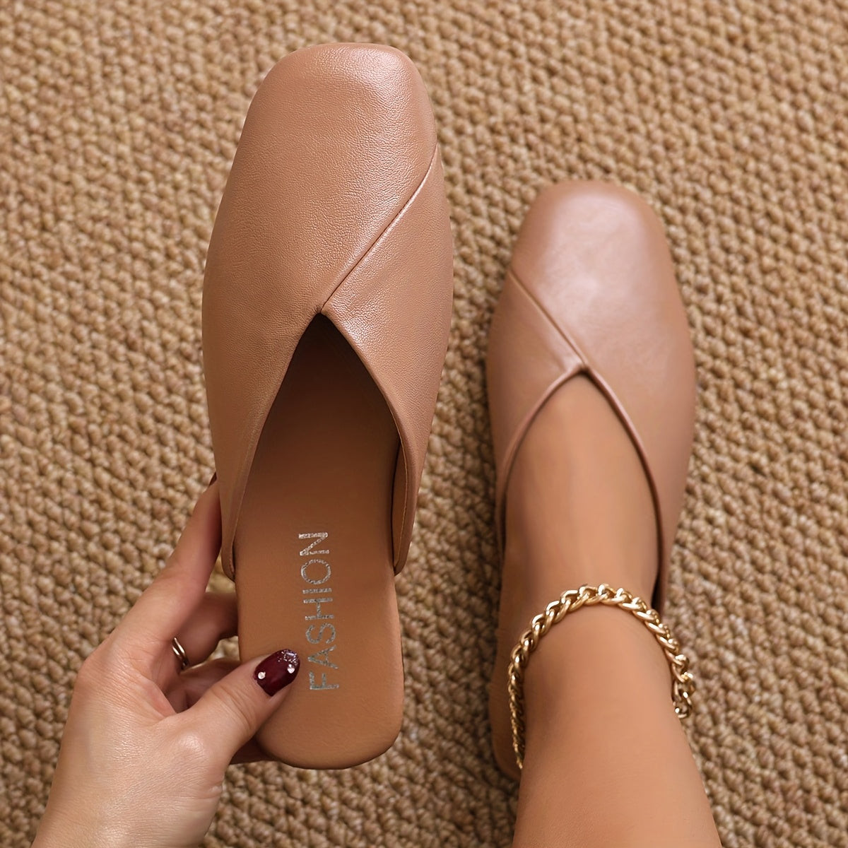Women's Square Toe Mules Flat Shoes Faux Cover Solid Color Non-Slip Rubber Sole