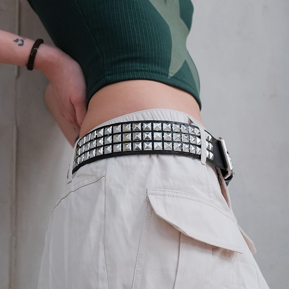 Women's Punk Style Rivet PU Leather Belt with Metal Buckle for Jeans