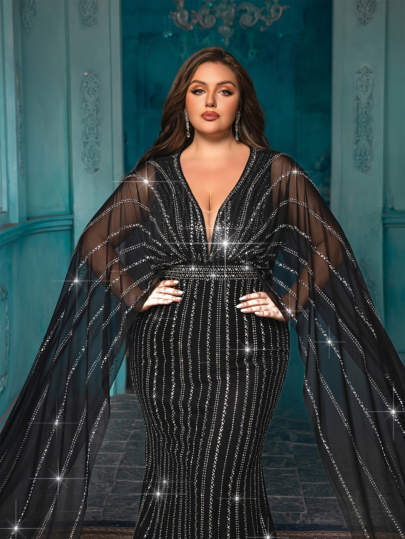 Plus Size Black Evening Dress Rhinestones Puff Sleeves Bow Neckline