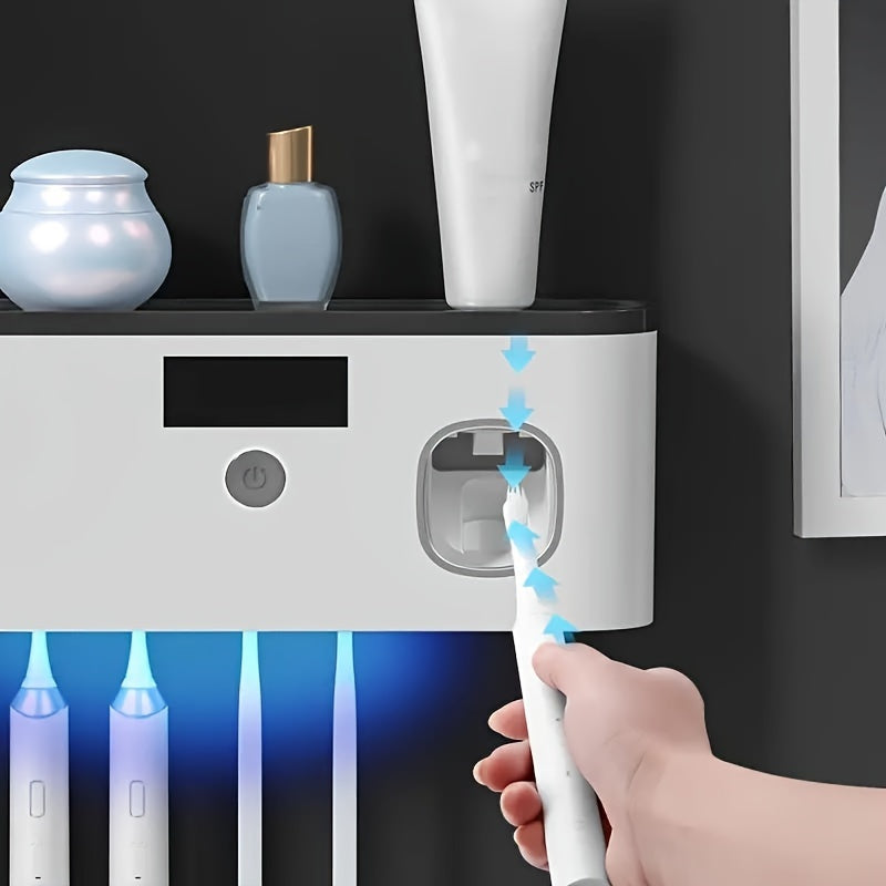 Wall-Mounted Smart Toothbrush with Toothpaste Dispenser and Organizer USB Rechargeable Plastic