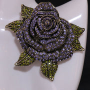 Elegant Green Leaf Rose Flower Brooch Pin with Rhinestones for Women