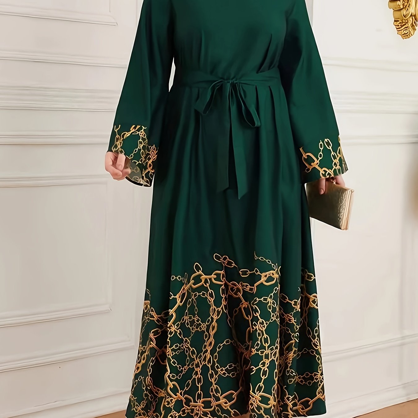 Women's A-Line Dress with Chain Print Crew Neck Long Sleeves Belt All-Season Polyester