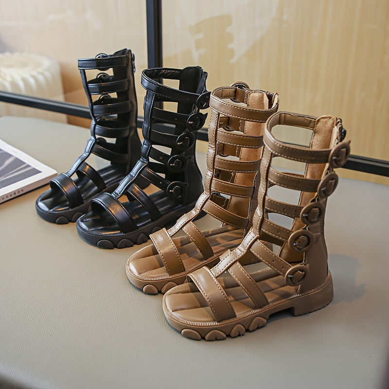 Девочки высокие сандалии на лето дышащие нескользящие с застежкой-молнией и вырезами