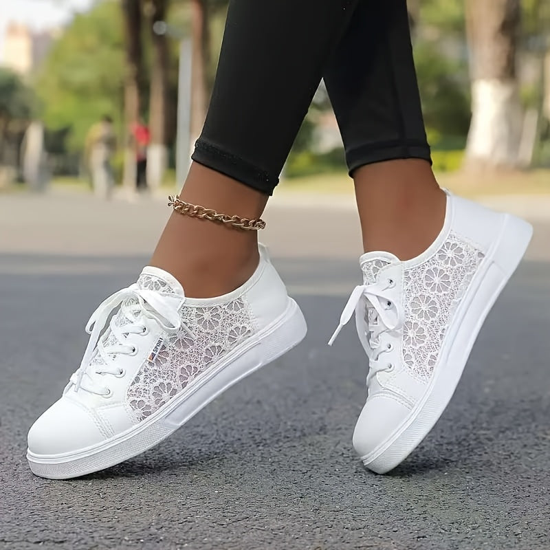 Women Lace Hollow Casual Sneakers White Breathable Flat Shoes