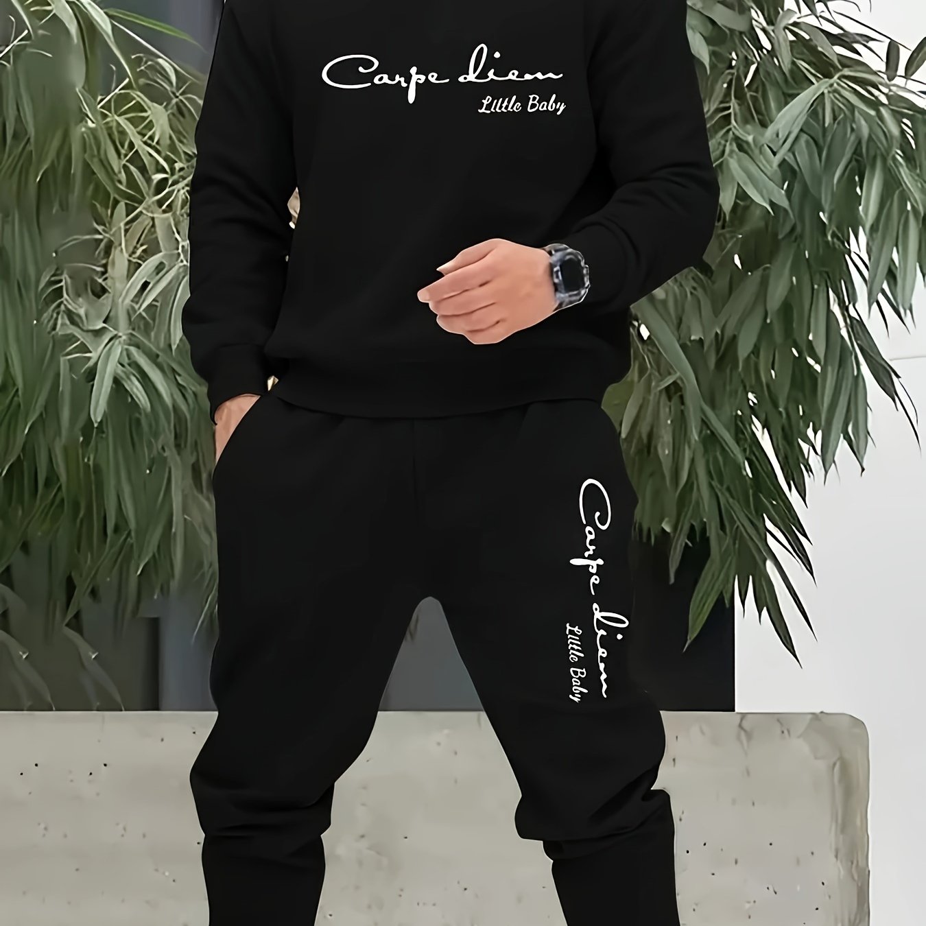 Men's Autumn Sports Set Long Sleeve Top and Drawstring Pants Polyester Print