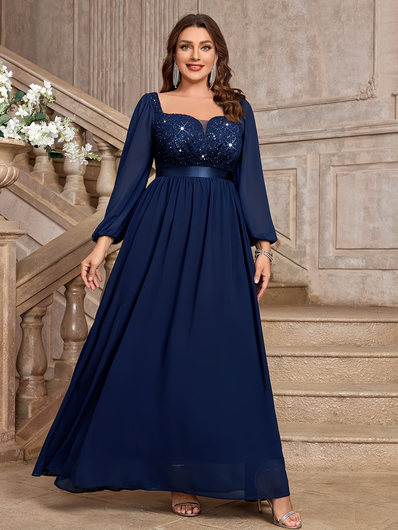 Plus Size Women's Sequin Lace Chiffon Evening Gown with Puff Sleeves