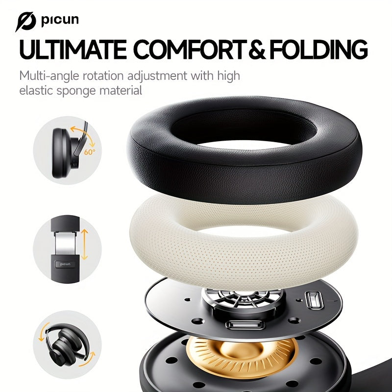 Беспроводные накладные наушники Picun B8 с 120 часами воспроизведения, беспроводной связью 5.0, 3EQ и игровым режимом, функцией громкой связи, складным дизайном и зарядкой Type-C. Подходят для путешествий, дома, офиса, ПК.