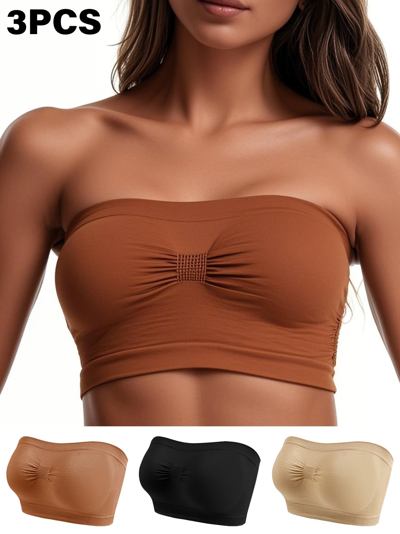 Women's Solid Color Strapless Crop Top Set with Breathable Non-Slip Bra