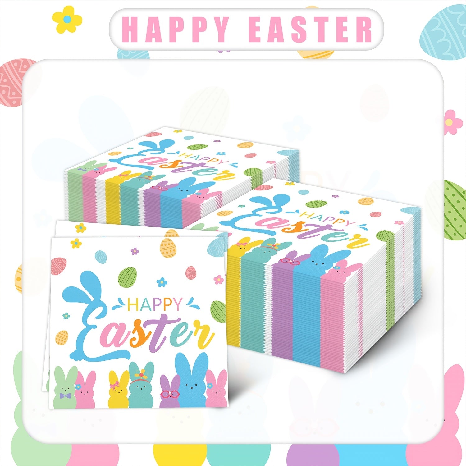 Paskha quyon va Peep qog'oz salfetkalar 3-qavatli 16.26 sm kvadrat pastel tuxum gullari naqshlari