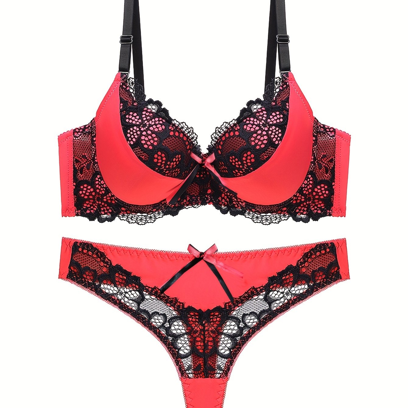 Colorblock Lace Lingerie Set with Bow Details and Push-Up Bra