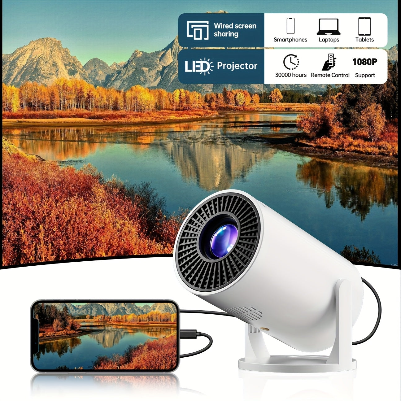 Mini White Portable Projector 1080P USB AV SD Laptop 3D Ready