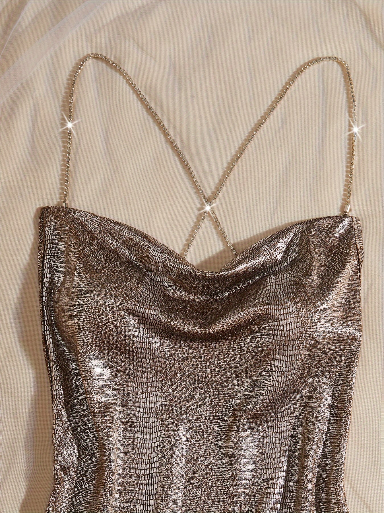 Women’s Polyester Sleepwear Dress with Metal Chain Strap Lingerie Pajama Set in Solid Color