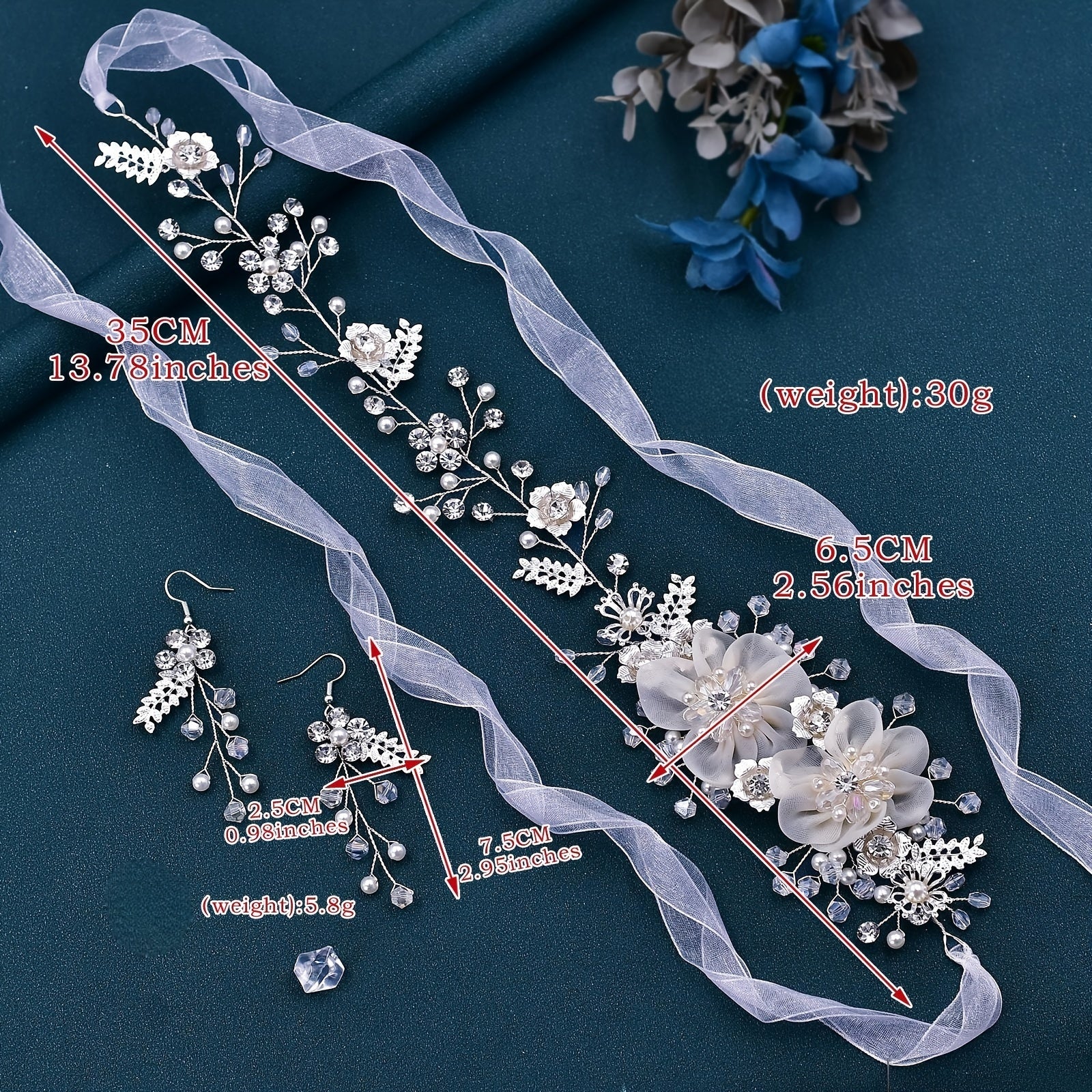 Bridal Hair Accessory Set Headband and Earrings with White Flowers and Rhinestones