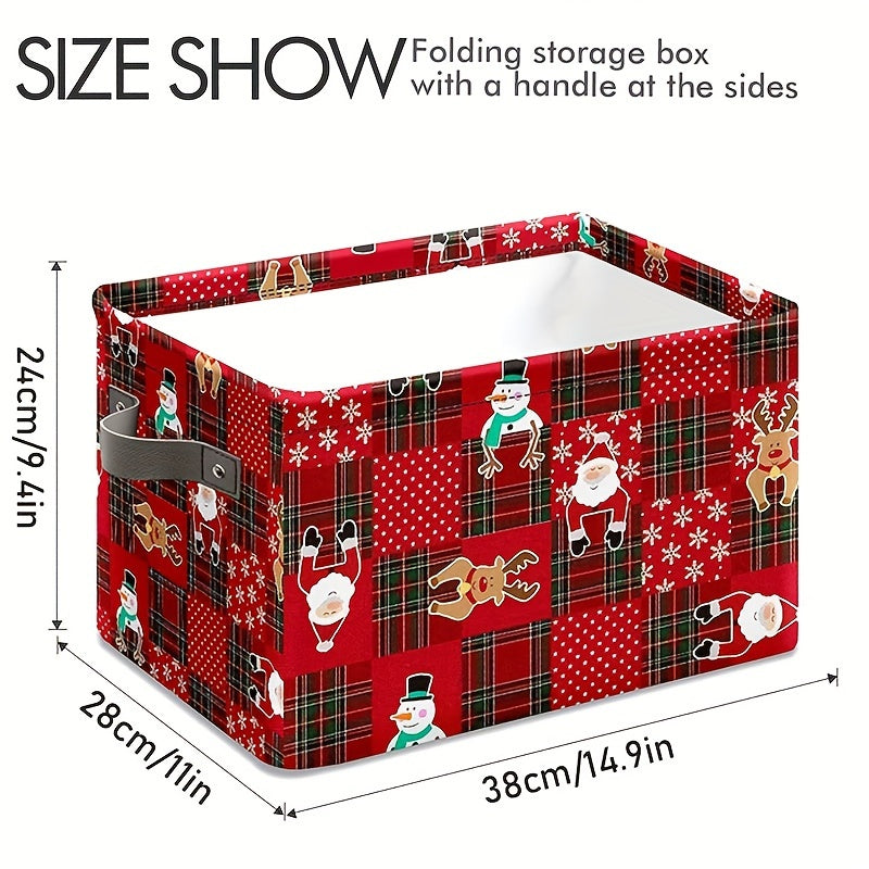Christmas Fabric Storage Basket with Santa and Reindeer Design Folding Organizer Bin with Handles