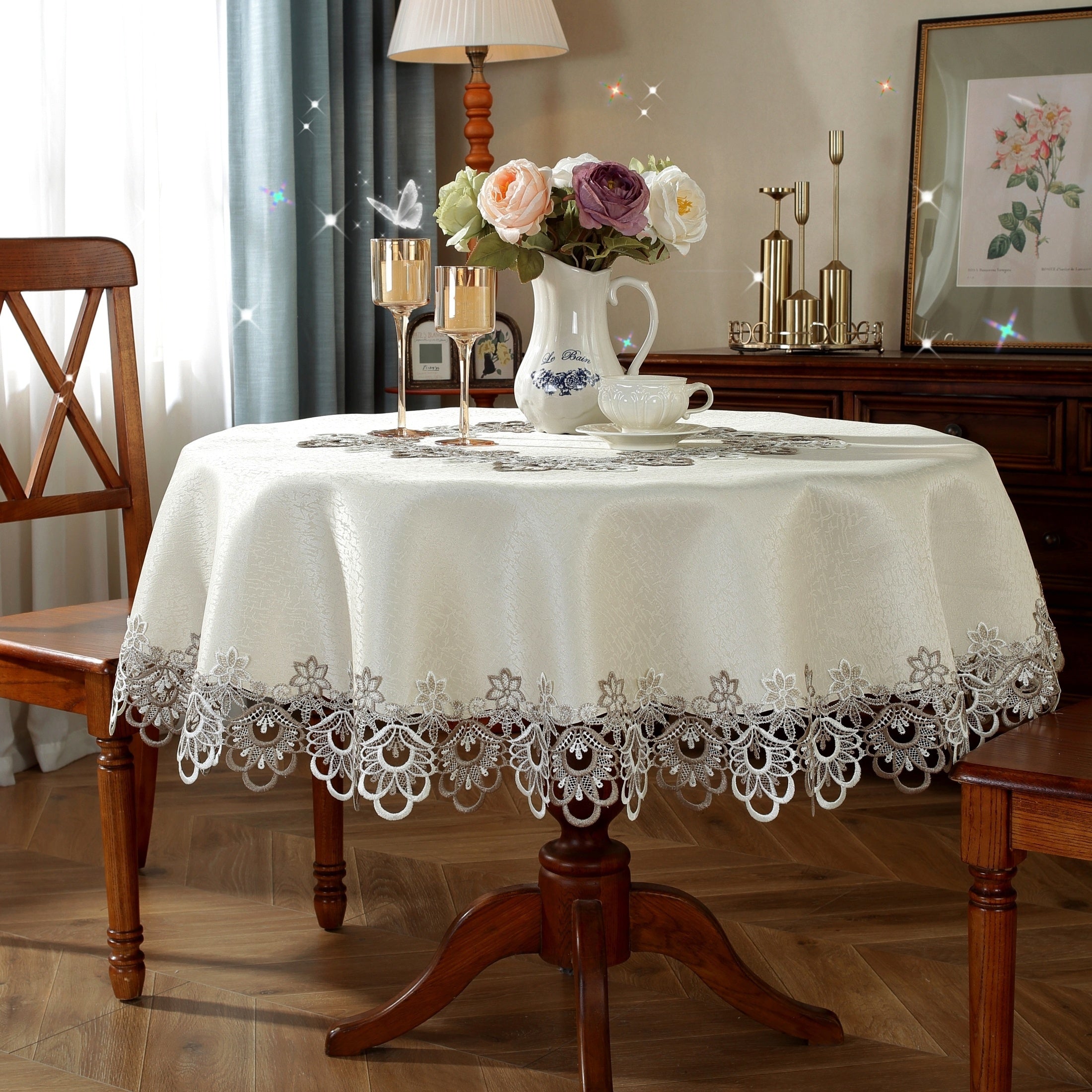 Polyester Round Tablecloth with Lace Border for Weddings and Events in Multiple Sizes