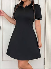 Women's Plus Size Black A-Line Dress with White Trim Short Sleeve Summer Outing Golf Tennis