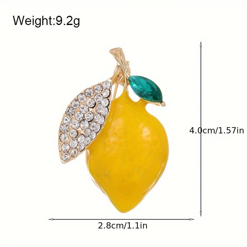 Unisex Lemon Brooch Pin in Korean Style with Rhinestones and Green Leaf Detail