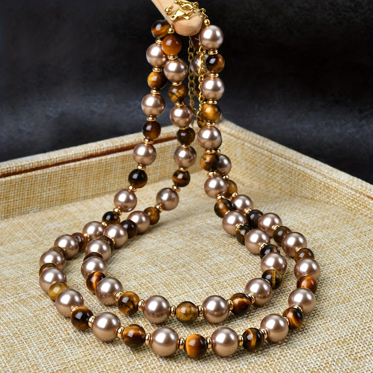 Women's Autumn Winter Necklace with Tiger Eye and Imitation Pearl Beads