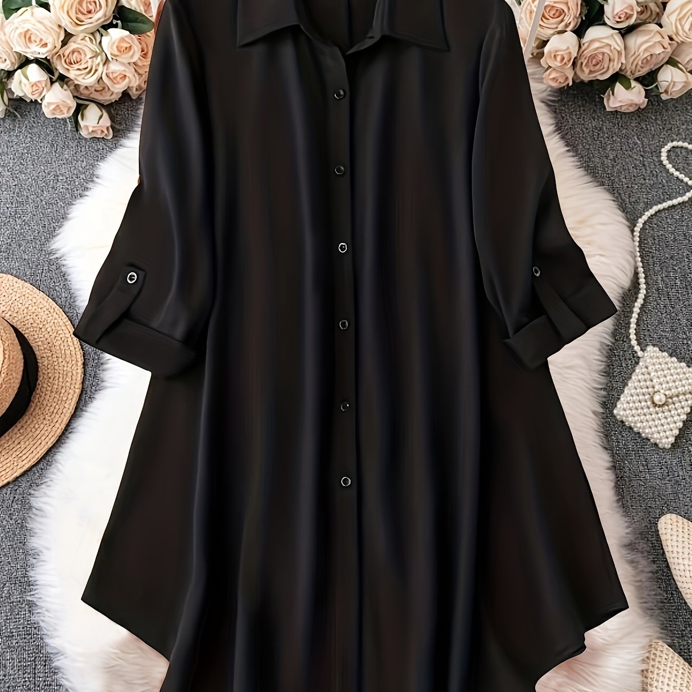 Plus Size Black Button-Up Shirt for Women Polyester Casual Spring Fall