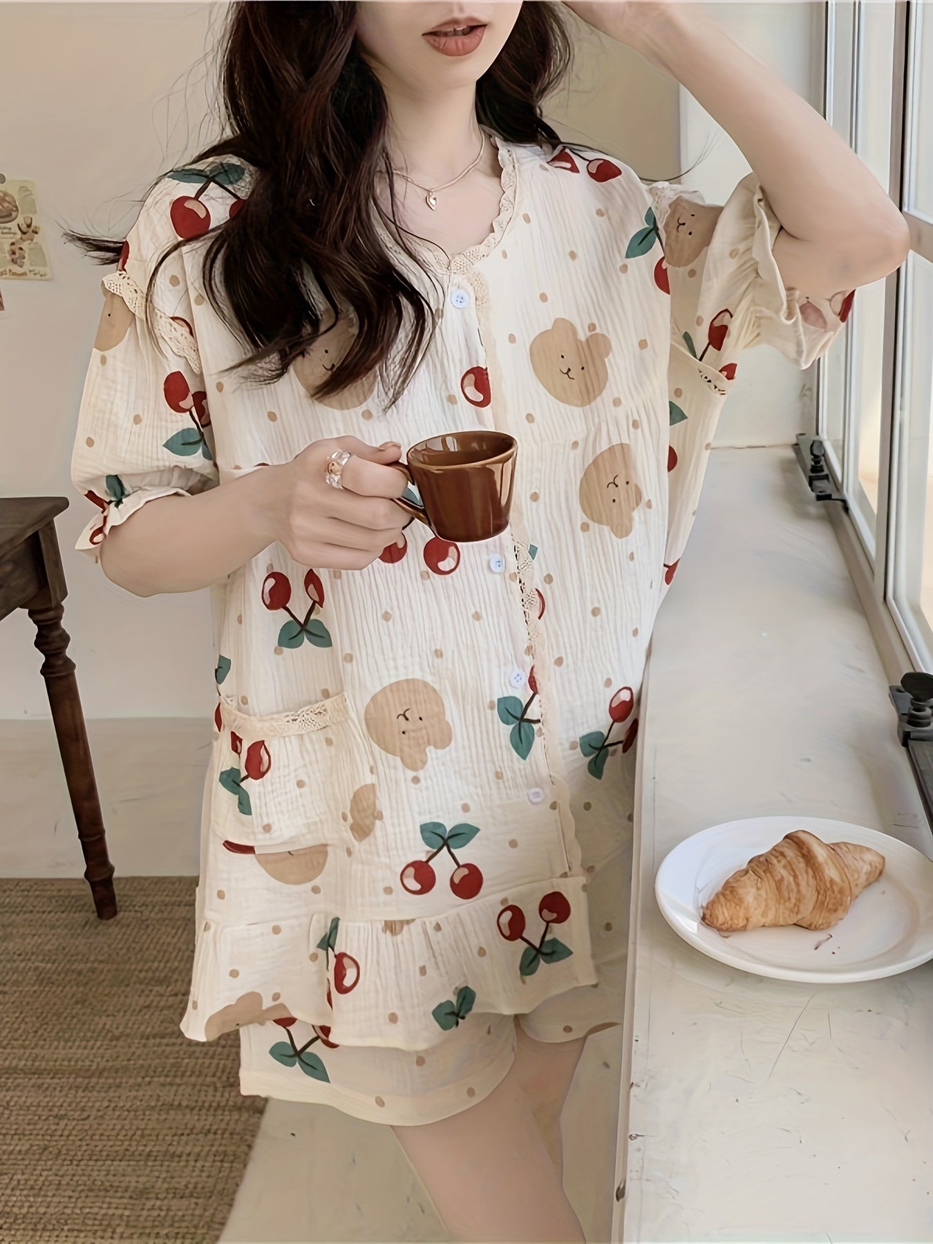 Women's Pajama Set with Cherry Bear Dot Print Lace Trim Short Sleeve V-Neck Summer