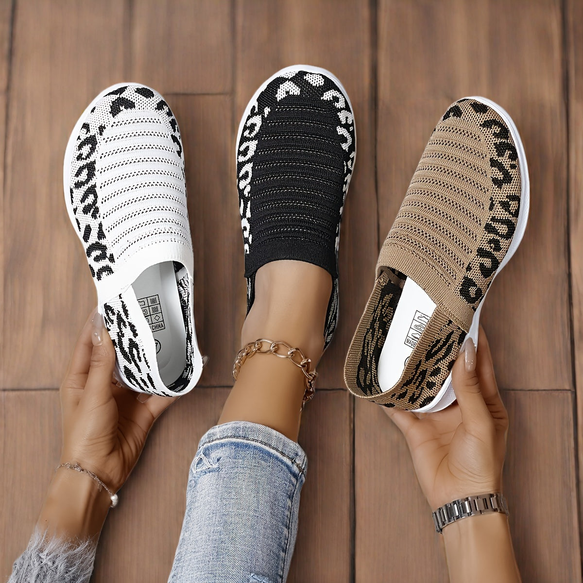 Women's Leopard Print Slip-On Mary Jane Sneakers Breathable EVA Cushioned Sole