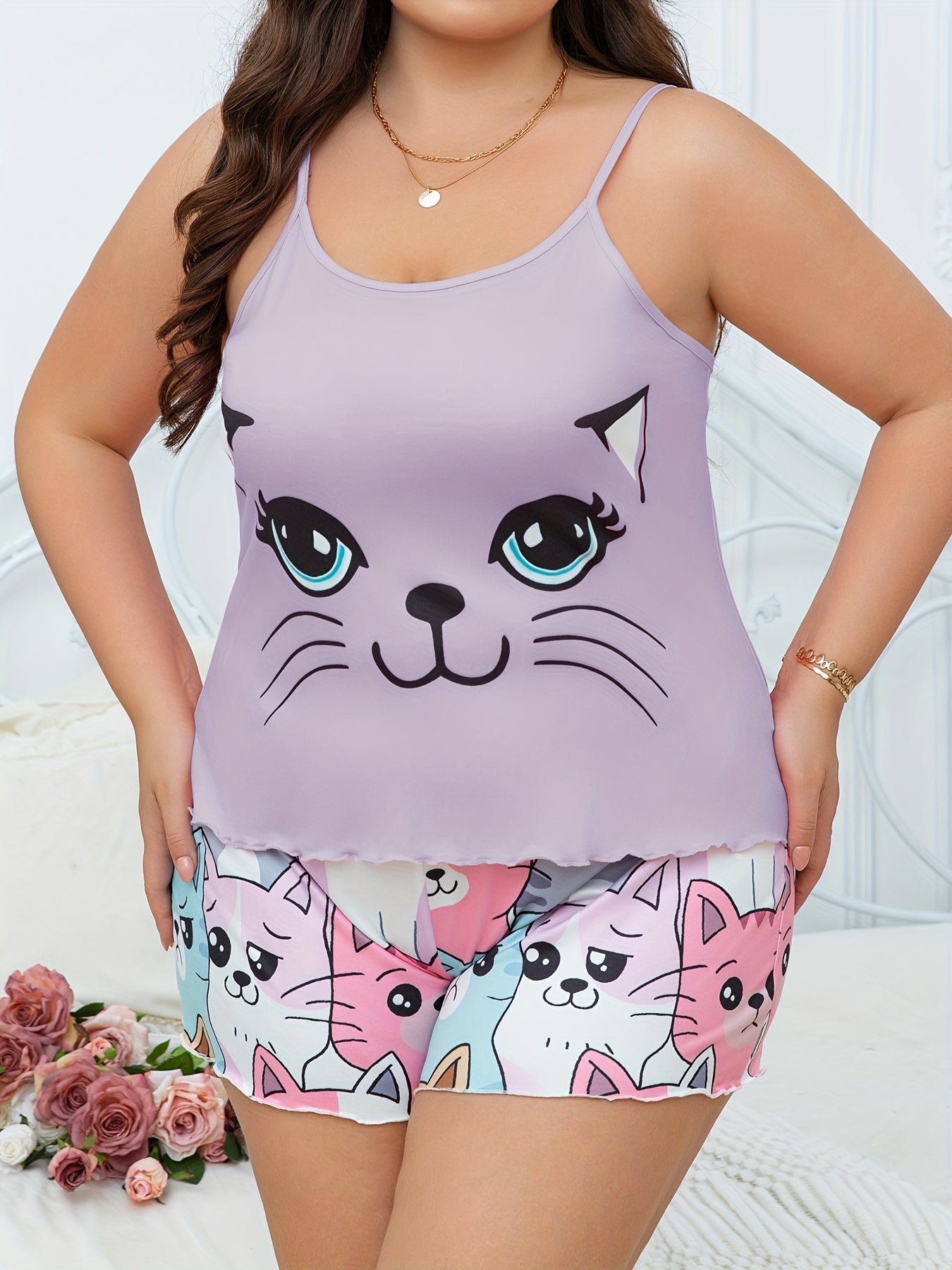 Plus Size Women's Cotton Cat Print Camisole Shorts Set
