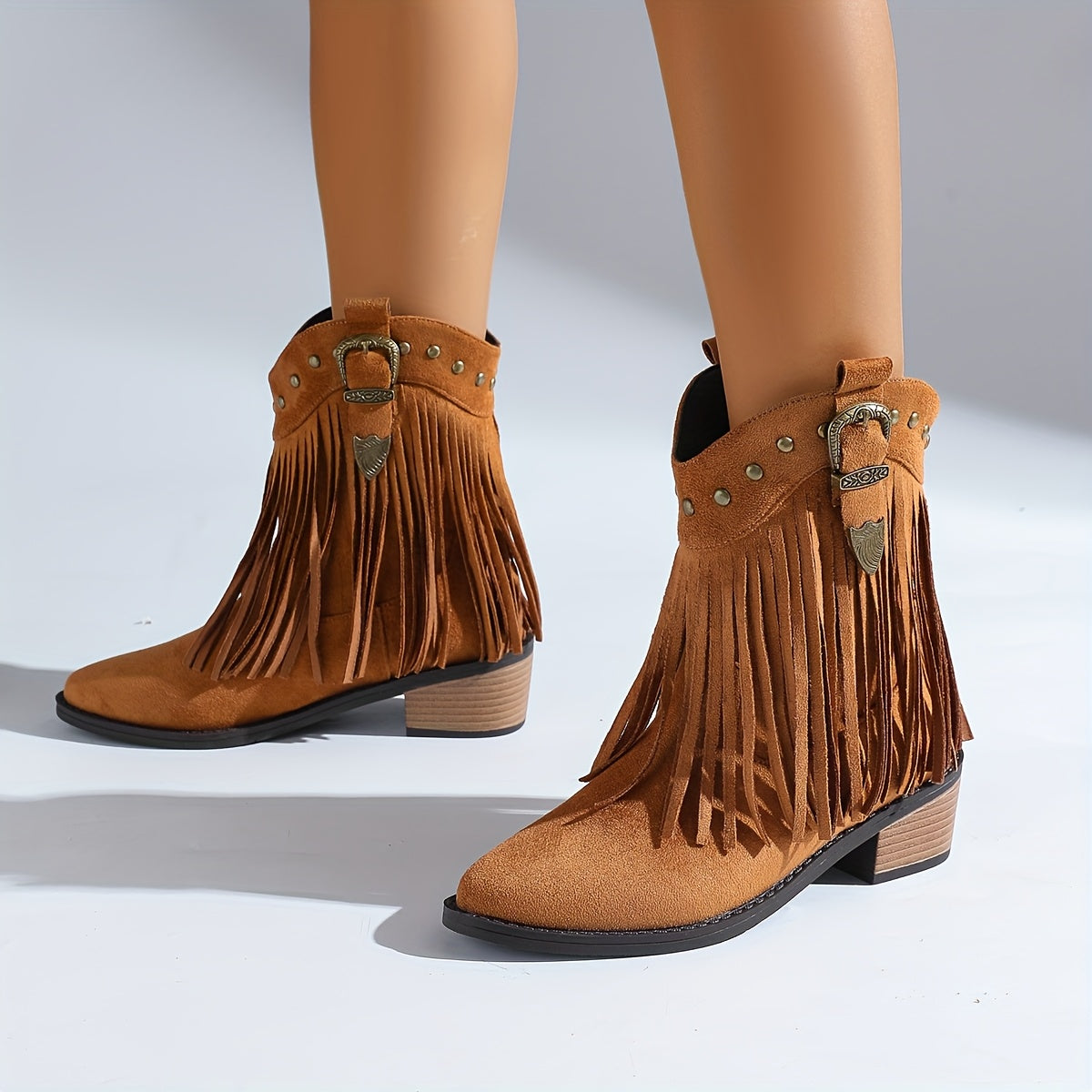 Women's Ankle Boots Leather Slip-On Pointed Toe Fringe Buckle Beige All-Season