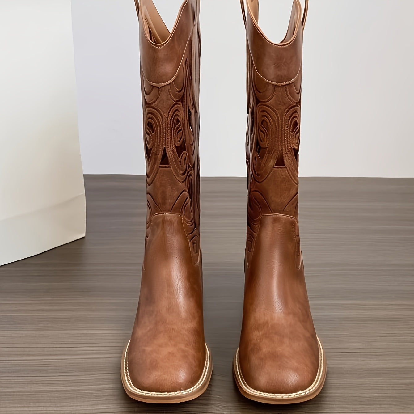 Women’s Brown Embroidered Western Cowboy Boots Mid-Calf Slip-On