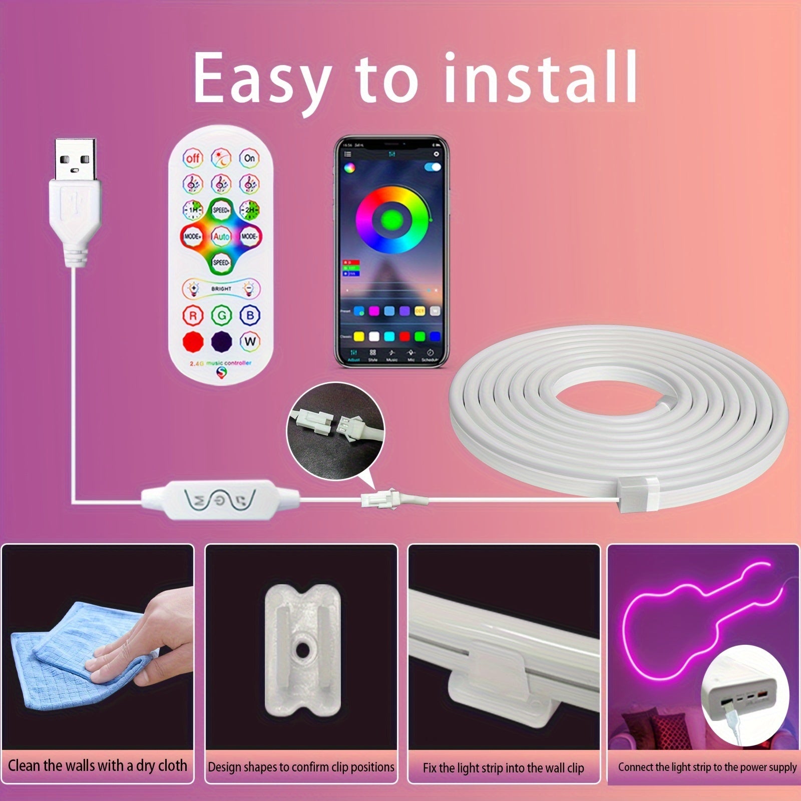 Яркая умная RGB+IC неоновая светодиодная лента с беспроводным и 2.4G пультом дистанционного управления, синхронизацией с музыкой, встроенным микрофоном, питающаяся от USB, для спальни, гостиной, декора для вечеринок 2/3/5м, гибкая.