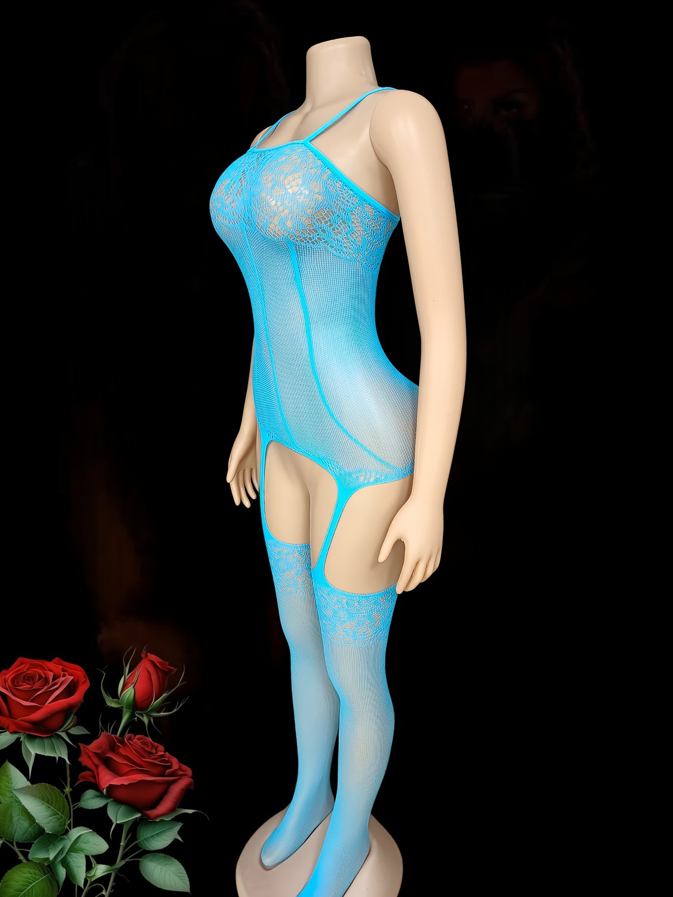 Women's Mesh Bodysuit and Tights Set Black Plus Size Hollow Fishnet