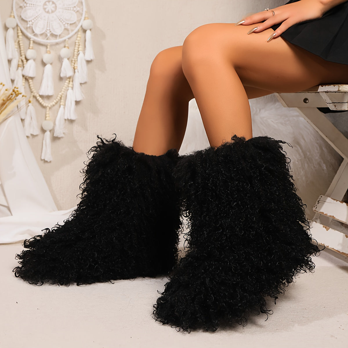 Women's Faux Fur Winter Boots Pull-On Soft Sole Non-Slip Snow Shoes