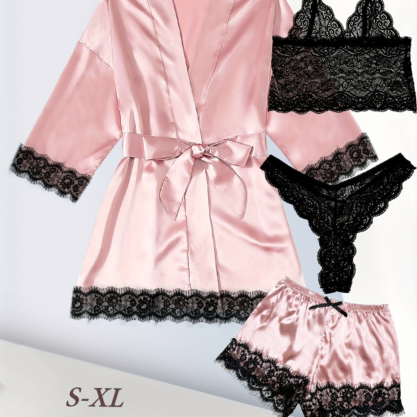 Women's Plus Size Satin Lace Nightgown Set With Camisole Shorts And Eye Mask