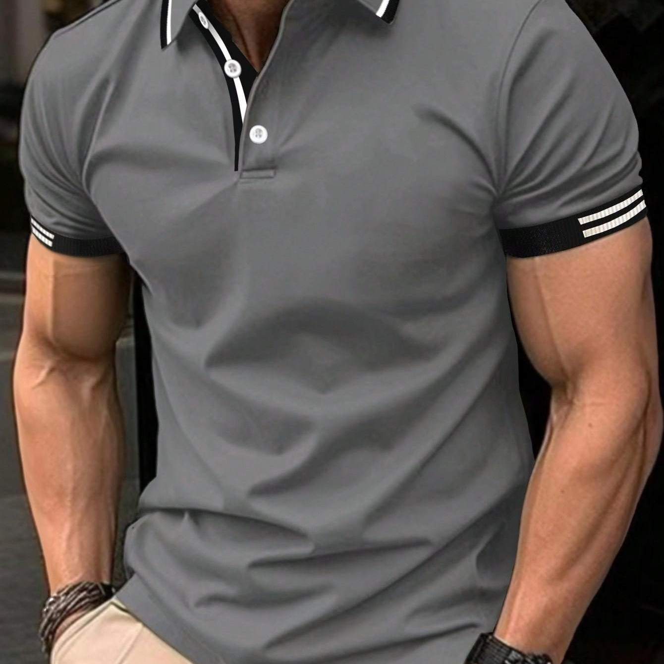 Men's Striped Polo Shirt Breathable Casual Short Sleeve Polyester