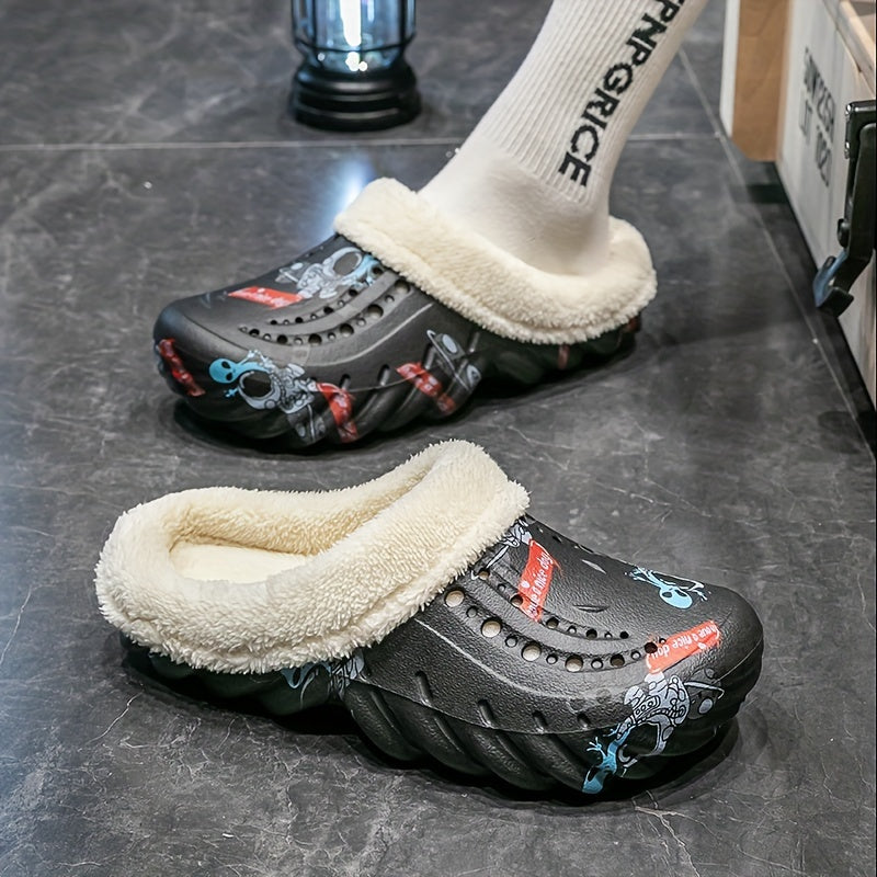 Women's Alien Print Fleece-Lined Clogs Cozy Warm Slip-On Winter Shoes