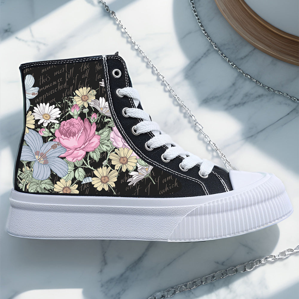 Women's Black and White Floral Casual Sneakers Skateboard Shoes