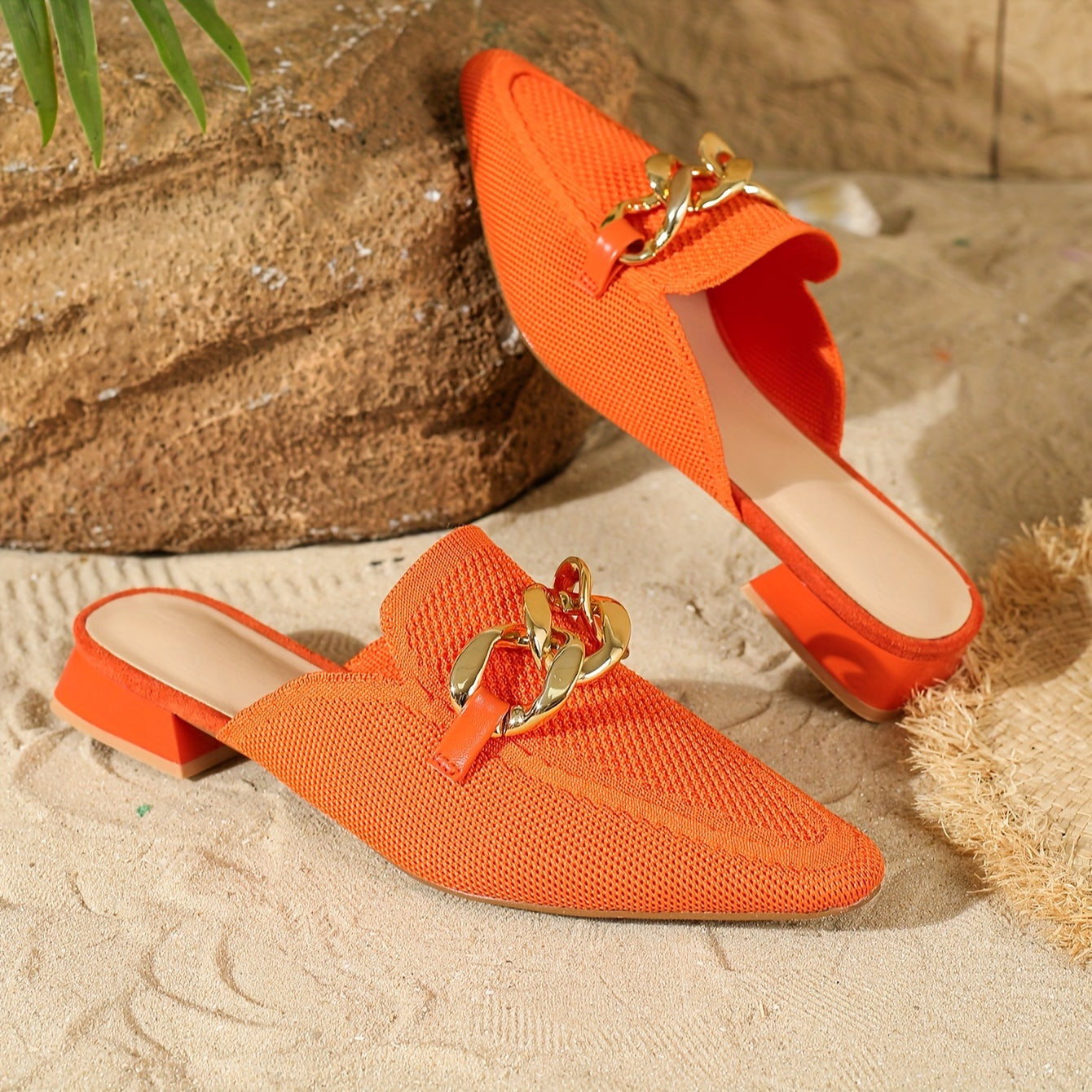 Women's Black Mules with Metallic Chain Pointed Toe Low Heel Flats