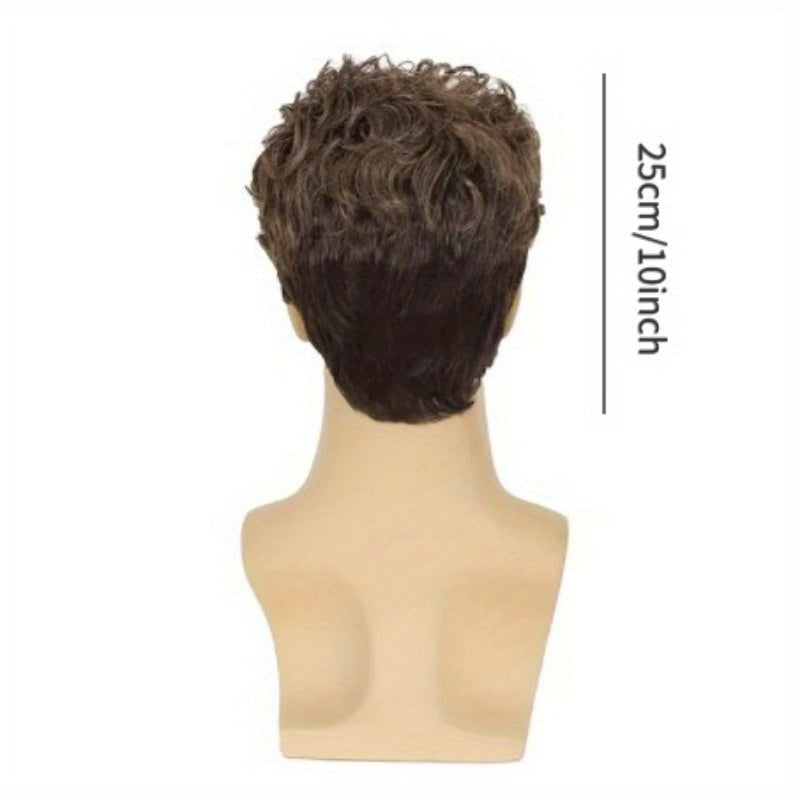 Мужская короткая кудрявая коричневая парик с классным стилем - пушистый и объемный синтетический аксессуар для волос, легкий в уходе, идеально подходит для повседневной носки и вечеринок