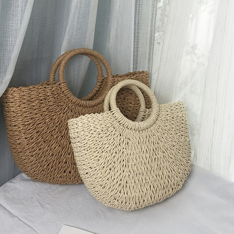 Women's Straw Crescent Bag Vintage Woven Shoulder Bag Beige Khaki