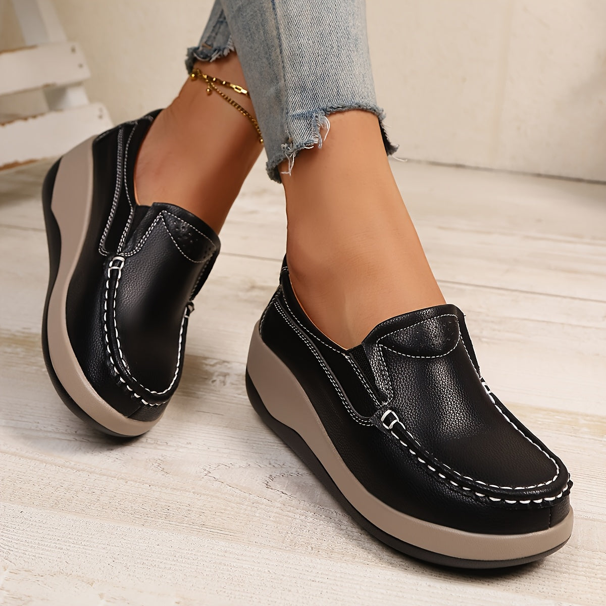 Women's Wedge Loafers Leather Comfortable Elegant Footwear