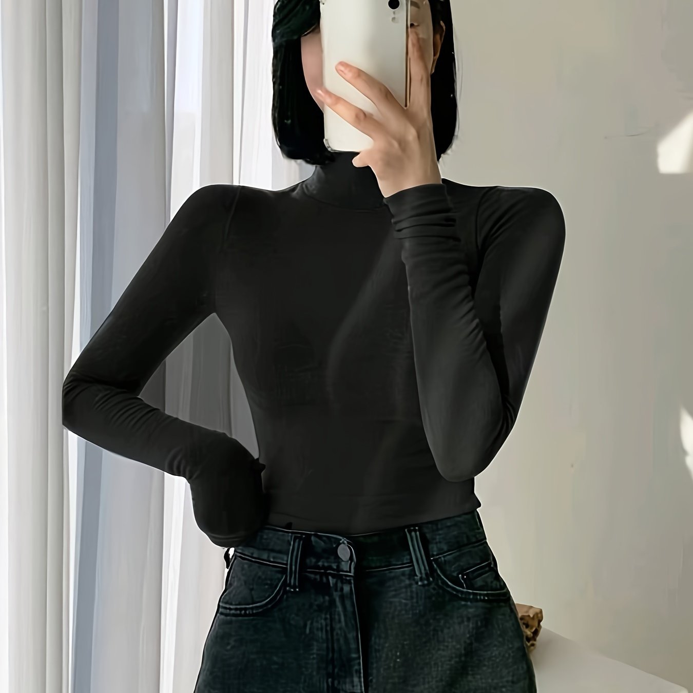 Cuello alto ajustado para mujer de manga larga de color sólido con mezcla de poliéster elástico para otoño primavera