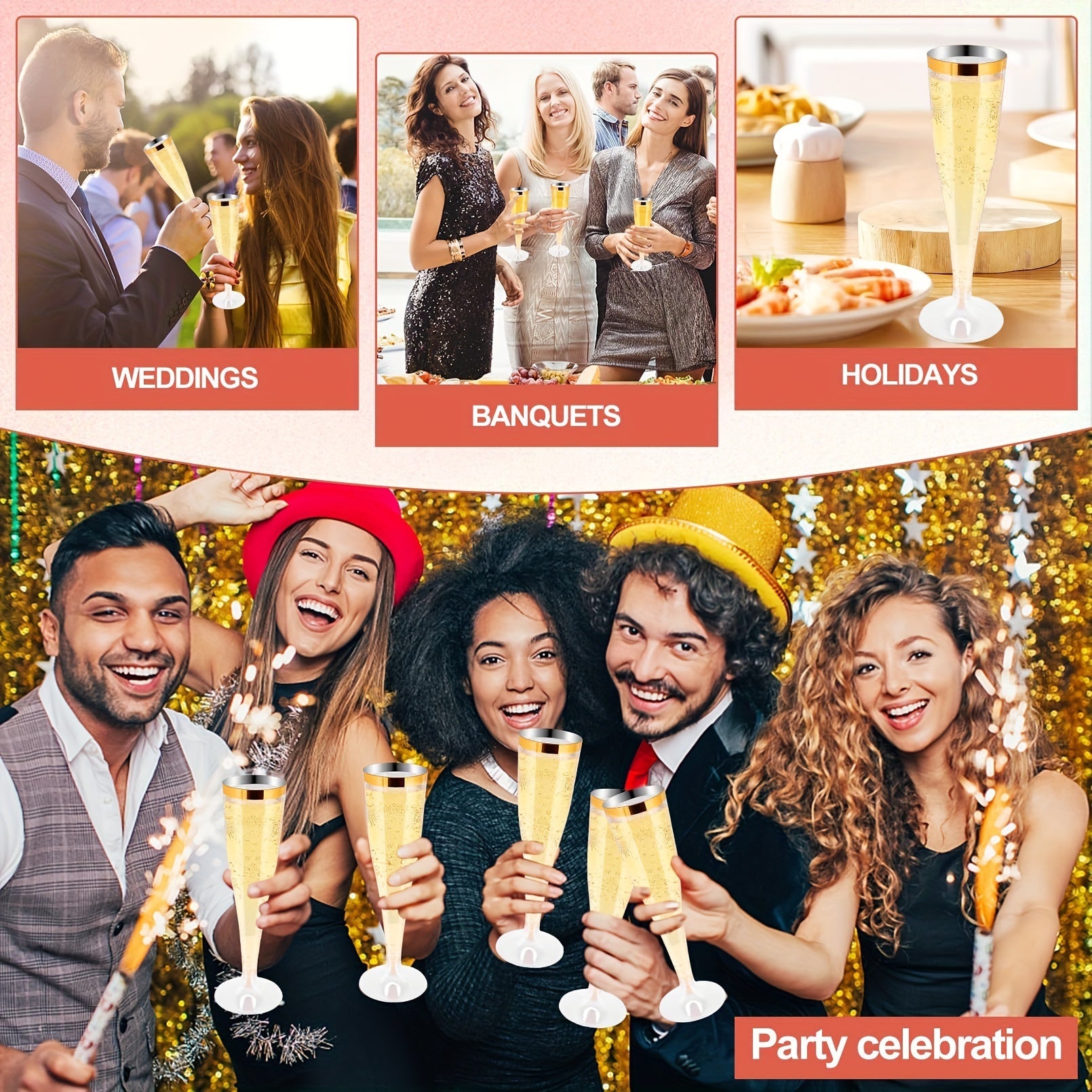 Set of 20 Gold Rimmed 4.5oz Disposable Plastic Champagne Flutes Reusable Recyclable