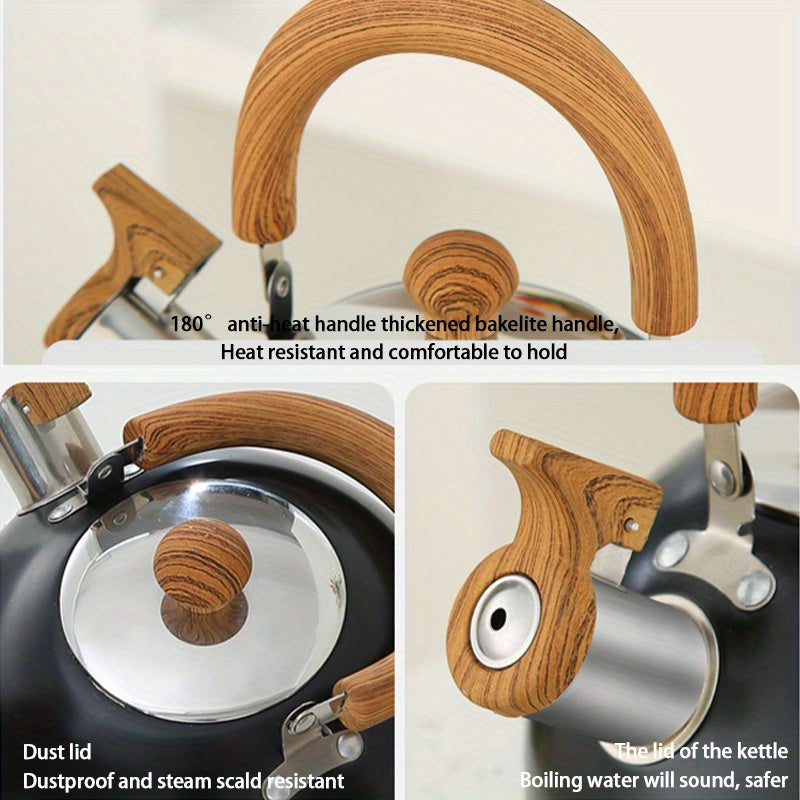 Bodomli yog'och yong'oq tutqich va tugma bilan jihozlangan zanglamaydigan po'latdan yasalgan chiyillovchi choy qozoni, qattiq foydalanish uchun qora, qaynatilgan suv uchun mo'ljallangan.