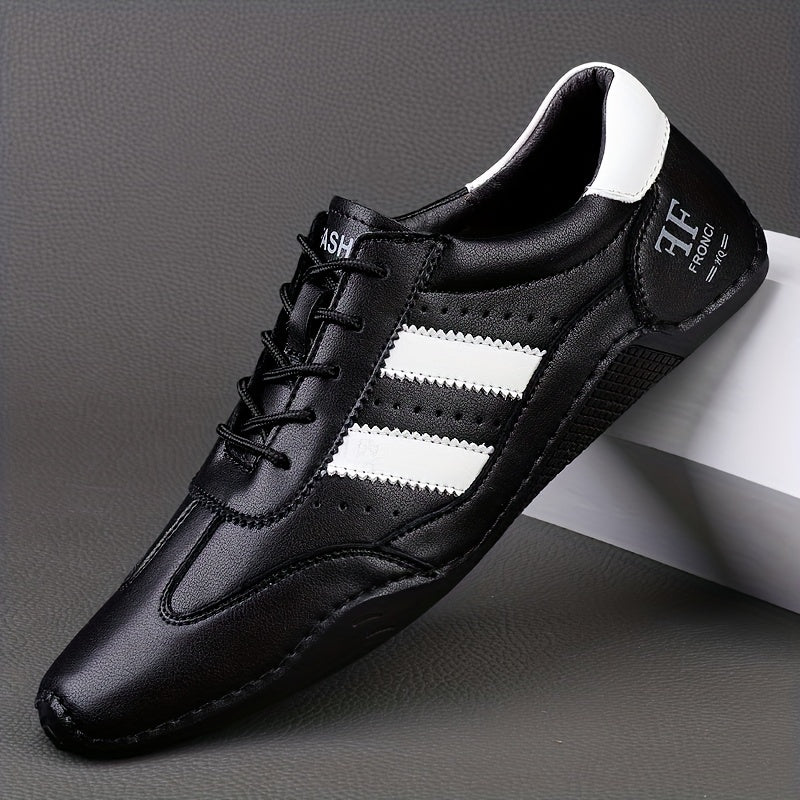 Men's Genuine Leather Sneakers White Black Stripe Rubber Sole Casual All-Season