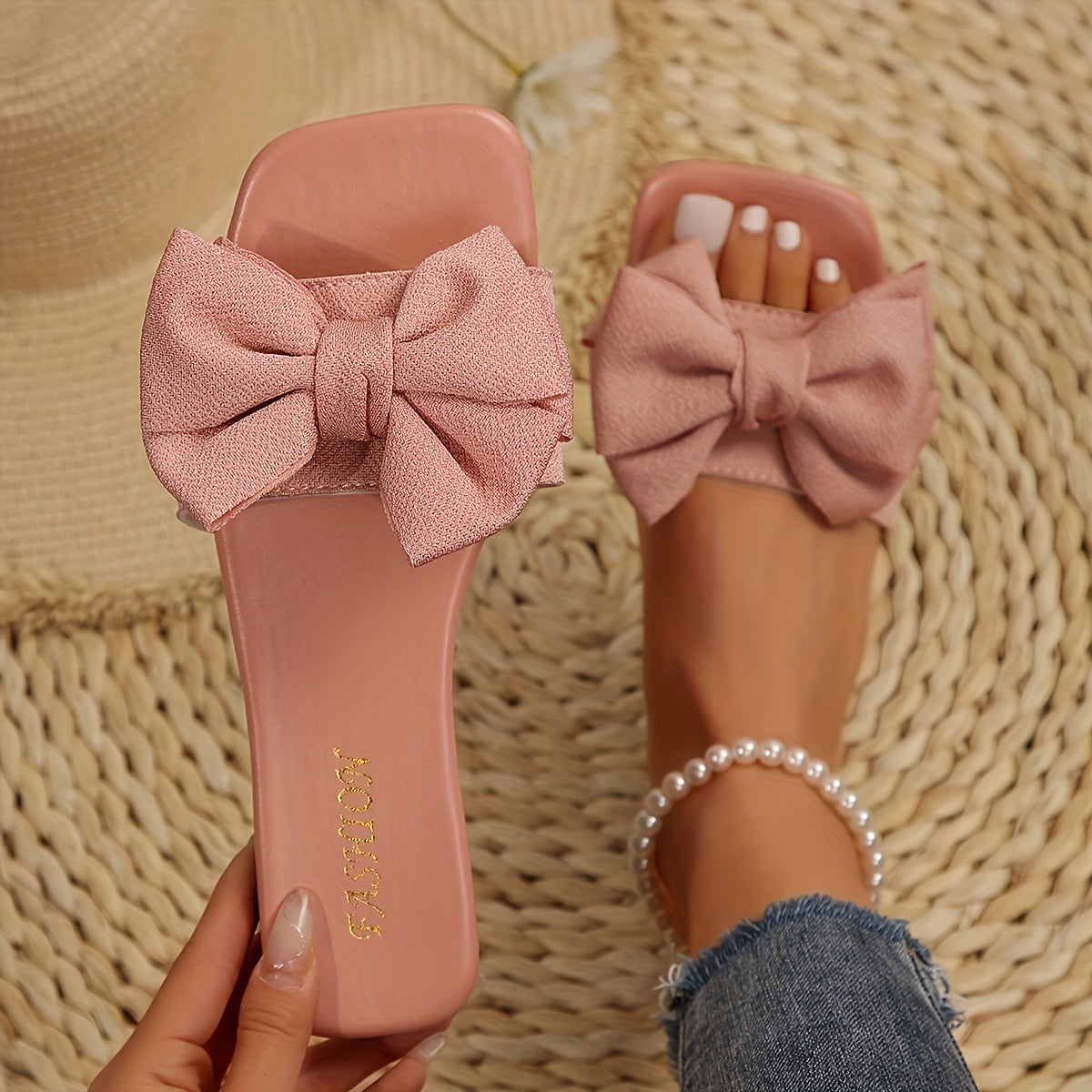 Women's Plus Size Open-Toe Slip-On Sandals with Black Bow Summer Beach