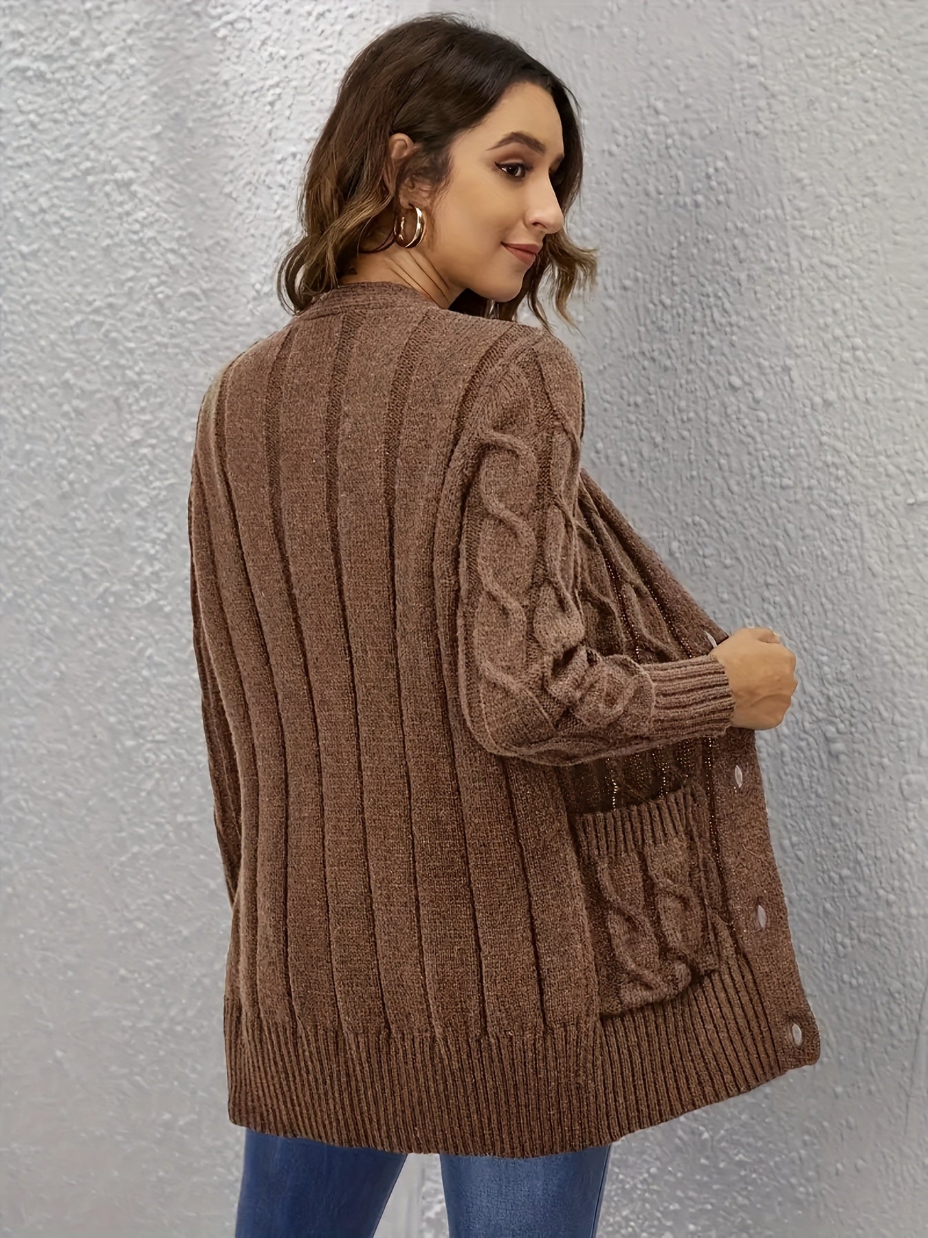 Plus Size Knit Cardigan Long Sleeve Button Pocket Sweater Women