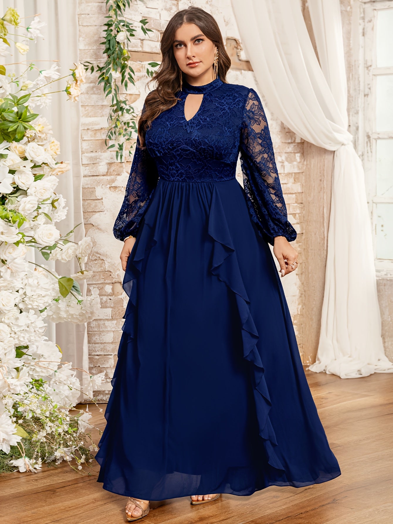 Plus Size Women Long Gown Lace Ruffled Hem Formal Evening Dress