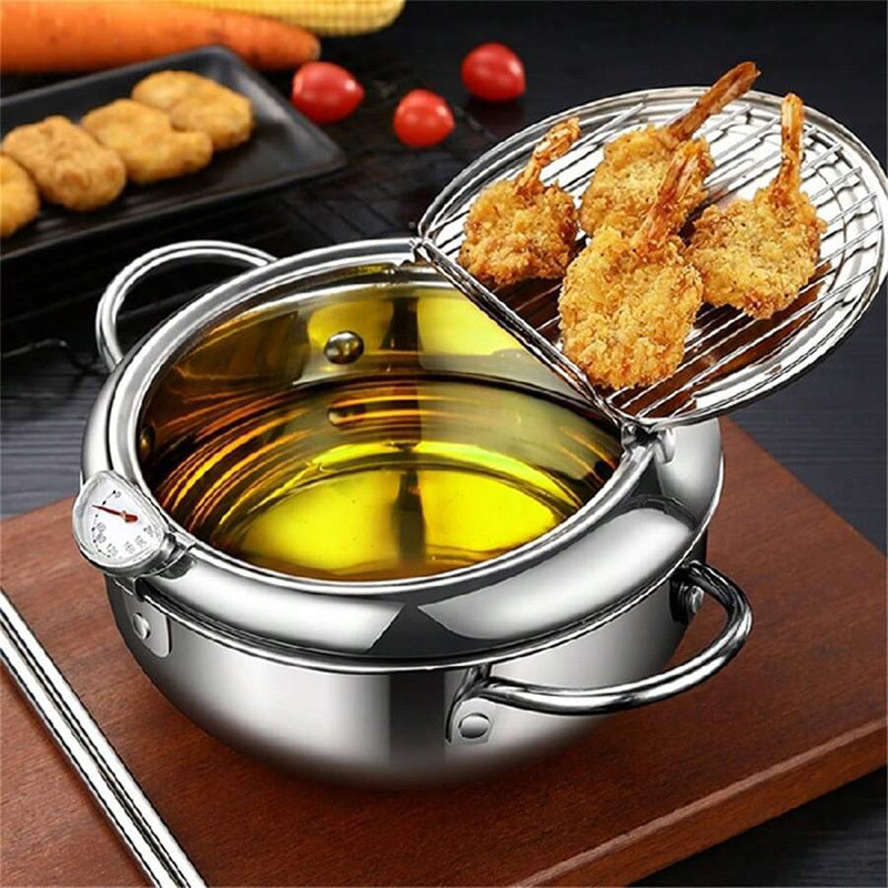 1 ta Stainless Steel Fryer, haroratni boshqarish, yog' tomchilari filtri rack, qopqoq va 2 ta plastinka bilan. Gaz pechlari va induksiya pechlari uchun mos, fransuz kartoshkasi, tovuq va boshqalarni qovurish uchun ideal.