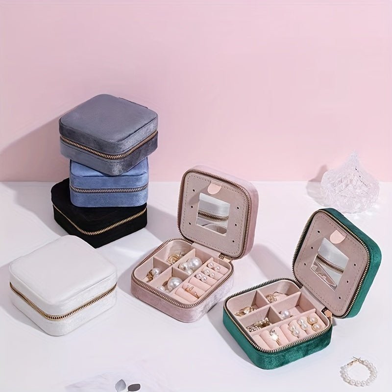 Velvet Jewelry Box with Mirror and Dual-Layer Zippered Storage for Accessories