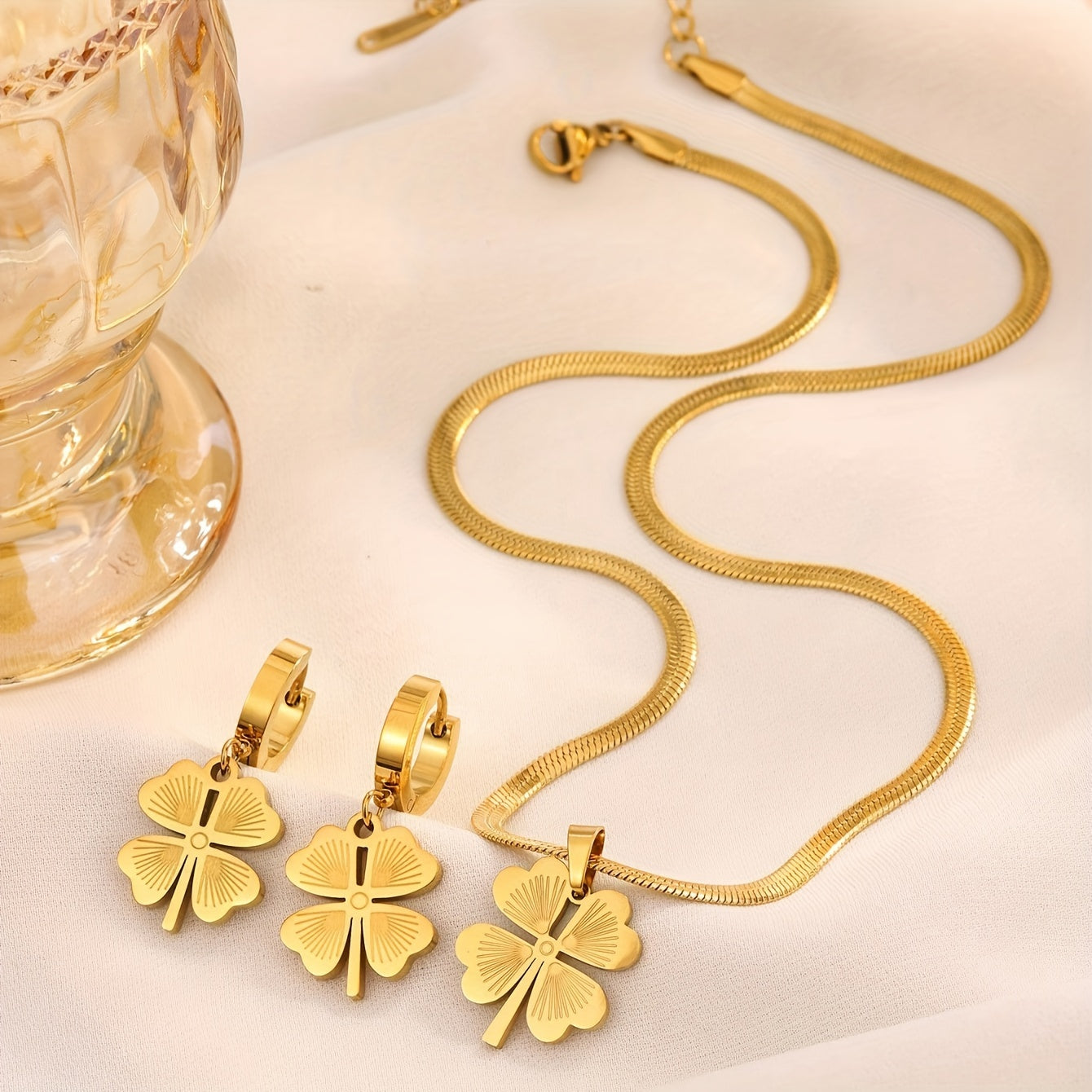 Women Clover Jewelry Set 18K Gold Plated Stainless Steel Necklace Earrings No-Stone Gift